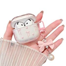 MINSCOSE Compatible with AirPods 4 Clear Case,Cute Bow Ribbon Heart Pretty Aesthetic Design with Bow Pearl Keychain,Soft TPU Protective Shockproof Case for Women Girl for Airpod 4-Pink
