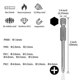 12Pcs Magnetic Phillips Head Screwdriver Bit Set S2 Steel 1/4 Inch Hex Shank 50mm/2 Inch Length PH00/PH0/PH1/PH2 Drill Bits Cross Head Bit