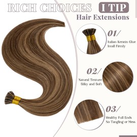 Rich Choices 100 Strands/Pack Pre Bonded I Tip Remy Human Hair Extensions Cold Fusion Hair Piece Keratin Stick In Hair Extensions Long Straight For Women 22 Inches #4P27 Medium Brown&Dark Blonde 50g
