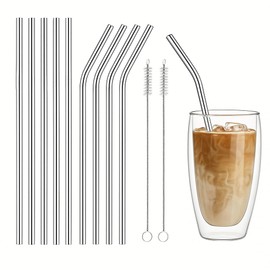 Reusable, Eco-Friendly Stainless Steel Straw Set – 8-Piece Wide Metal Straws for 40oz Tumbler – 10mm Diameter | 4 Straight + 4 Bent Straws, 2 Brushes & Pouch – Silver
