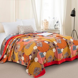 Purefair 100% Muslin Cotton Throw Blanket for Bed Couch Chair, Floral Persimmon Printed Colorful Retro Quilt Ultra Soft Reversible Gauze Blanket for All Season, 90"x98"