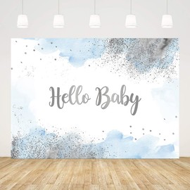 AIBIIN 7x5ft Hello Baby Backdrop for Boys Blue Pastel Watercolor Baby Shower Party Decorations Silvery Oh Sweet Baby Party Cake Table Banner Photo Booth Props
