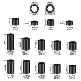 320 Pcs Black Nylon ABS Round Spacers Washers Assortment Kit, Insulation Screws Non Threaded Column Standoff Support Spacers Washers - M3/M4, 14 Kinds Different Size
