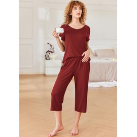 Ekouaer Pajamas for Women Set Short Sleeve Pj Sets Pullover Tops & Capri Pants 2 Piece Sleepwear Loungewear S-XXL Wine Red