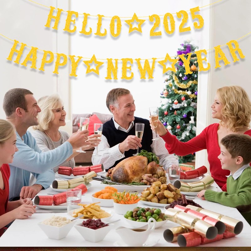 Happy New Year Banner, Glitter Hello 2025 Happy New Year