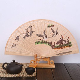 11 Colored Crowned Cranes Hand Folding Fan with scent of Sandalwood Set (3pcs) - Including a fan,a wood holder & a box
