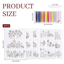 Water Soluble Embroidery Patterns,Stick and Stitch Embroidery Paper Wash Away,6Pcs Stick and Sew Patterns Set with 21 Thread,1 Needle,18 Floral Patterns Transfer Paper Stabilizers (Black)
