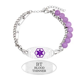 JunyiDIY Emergency Epilepsy Awareness ID Bracelet for Sister, Purple Lepidolire Beads and Stainless Steel Stylish Double Chain for Runners Active Adults Graduation Friendship Day