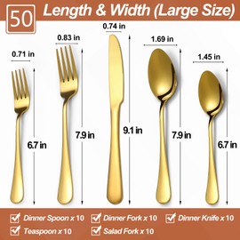 Lazycorner 50 Pcs Gold Silverware Set for 10, Food Grade Stainless Steel Flatware Set Include Fork/Knife/Spoon, Mirror Polished Eating Utensils Sets, Reusable Silverwear Cutlery Set, Dishwasher Safe