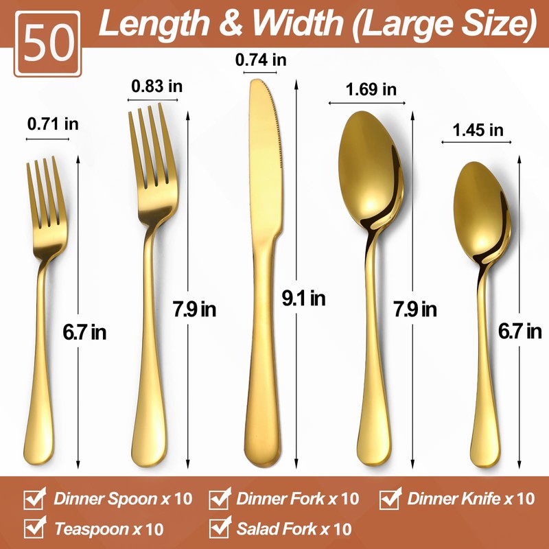Lazycorner 50 Pcs Gold Silverware Set for 10, Food Grade