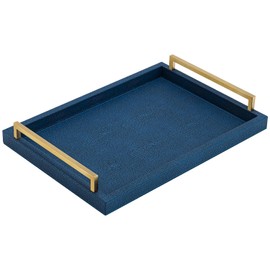 XIGEXIGE Navy Blue Decorative Tray,Serving Tray with Handles,Shagreen Leather coffee table tray rectangle for Home decor,Large Ottoman Tray for Living Room,Bathroom