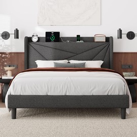 Feonase Queen Bed Frame with Charging Station, Linen Upholstered Platform Bedframe with Wingback Headboard, Solid Wood Slats Support, Noise Free, No Box Spring Needed, Charcoal Grey