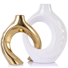 LCCCK Jarrones de cerámica blanco y dorado para decoración del hogar, jarrón bohemio para flores y hierba de pampas decorativa, jarrón pequeño hueco de dona blanco y dorado para mesa de sala de estar