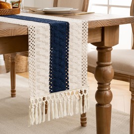 Boho Macrame Table Runner 30 x 180 cm Dark Blue Table Runner Country House Style Tablecloth with Handmade Tassels Crochet Lace Mesh Table Runner for Dining Room Home Decor Autumn