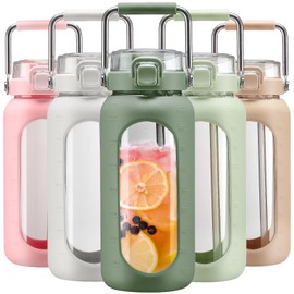 BLUEGO 64oz Water Bottle Glass with Stainless Steel Handle Large Water Bottle with Time Markers and Silicone Sleeve Half Gallon Water Jug BPA Free for Gym Daily Use, Olive