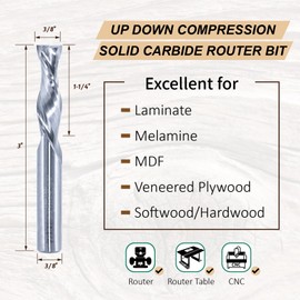 ZUQ 3/8" Compression Spiral Router Bit – Solid Carbide, Up/Down Cut, 1-1/4" Cutting Length, 3/8" Shank – Smooth Finish for Plywood, MDF & Laminates | CNC Bit Z80-1302 (3/8*1-1/4")