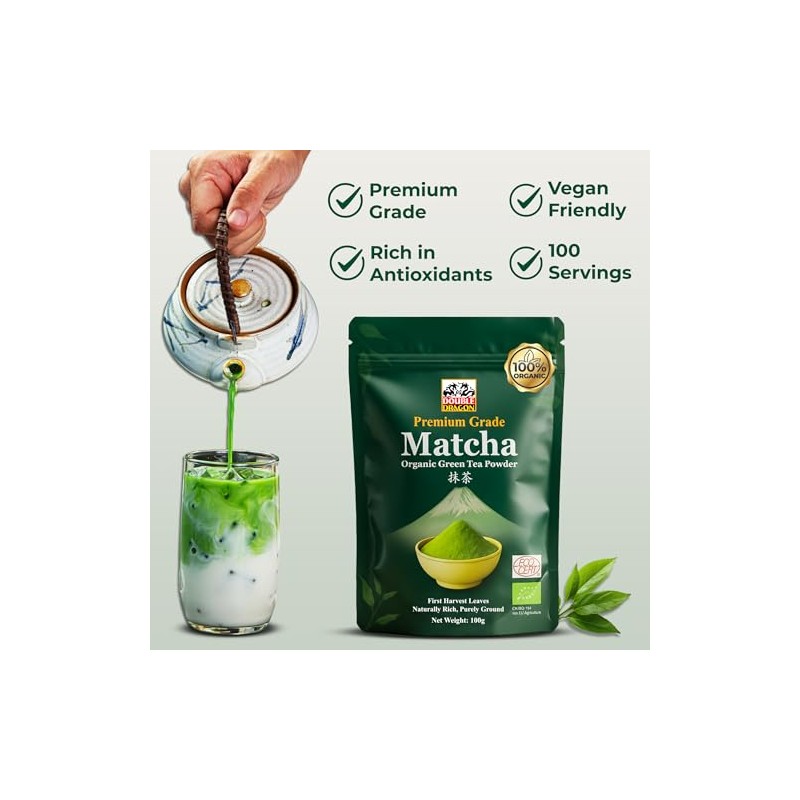 Double Dragon Organic Matcha Green Tea Powder - Premium Ceremonial