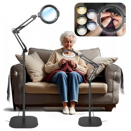 12X Floor Magnifying Glass with Light and Stand, 5.2" Large Floor Lamp Magnifier with 5 Color Modes 10 Dimmable Brightness, Hands Free Lighted Magnifying Glass with Clamp for Close Work Sewing (Black)