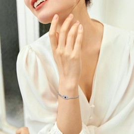 OIDEA Women's Evil Eye Bracelet: Devil Eye Silver Bracelet Evil Eye Protective Bracelet Blue Eye Wrist Stainless Steel Adjustable Jewellery Gift for Women Girlfriend Girls