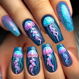 Long Coffin Press on Nails Medium Square Fake Nails with Designs Jellyfish Gel Glue on Fingernails Summer Acrylic Nails Ocean Artificial Nails Glossy Full Cover Stick on Nails for Women
