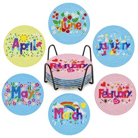 GHHKUD 6Pcs Month Diamond Painting Coasters, DIY Life Coasters Diamond Art Coasters Kits for Adults, Full Drill 5D Diamond Painting Coasters with Holder Cork Pad for Home(January - June)