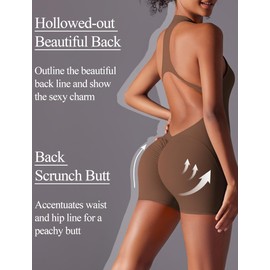 SEAUR Sports Jumpsuit Women's Short Tight Yoga Jumpsuit Scrunch Butt Sleeveless Bodysuit One-Piece Romper Bodycon Zip for Gym Fitness Jogging S-XL, brown, S