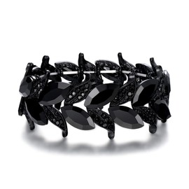 Clearine Wedding Bridal Bracelet for Women Leaf Marquise-Shape Rhinestone Crystal Stretch Bangle Bracelet Black Black-Tone