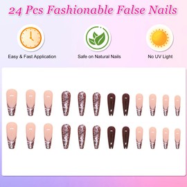 24Pcs Press on Nails Long Coffin, Glitter Pink French Tip False Nails, Acrylic Full Cover Fake Nails with Glue Stickers, Glossy Ballerina Stick on Nails for Women and Girls Nail Art Decorations