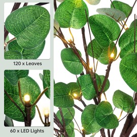 Lighted Eucalyptus Tree - 4FT 60 LED Light Up Eucalyptus Tree with 6 Branches, 120 Leaves, Remote 8 Flashing Modes, Timing, DC 5V Safe, Faux Artificial Lighted Trees for Decoration Inside and Outdoor