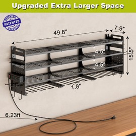 SEEAHEAD 12 Cordless Drill Holder Large Power Tool Organizer Wall Mount with Side Pegboard & Screwdriver Holder, 4-Tier Heavy Duty Metal Tool Storage Rack with 4-Outlet Power Strip