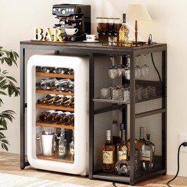 Homieasy Mini Fridge Stand Organizer with Power Outlet, Industrial Microwave Stand with Storage Shelving Unit, Space Saving Over Fridge Storage Cabinet for Home Kitchen Dorm, Grey