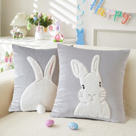 Easter Cushion Cover 45 x 45 cm, Pack of 2 Easter Decoration Bunny Tail Cushion Cover Velvet, Easter Decoration Modern Rabbit Decorative Cushion Cover, Easter Bunny Cushion Covers for Cushions 45 x 45