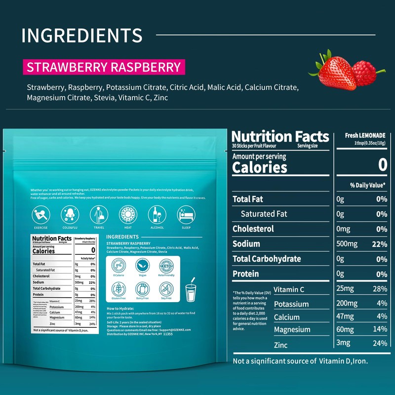 OZENKE Electrolytes Powder Packets, 30 Sticks Hydration Packets Sugar Free,