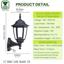 EBION PIR Outdoor Wall Lights Main Powered, Lights Outdoor with Motion Sensor, Waterproof Anti-Corrosion Plastic Wall Lantern, for Porch, Garage, Patio, Garden,Black, Bulb Not Include
