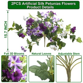 Grunyia Artificial Petunia Flowers - UV Resistant Realistic Faux Silk Petunias for Indoor Outdoor Garden Porch Balcony Yard Home Decor, Fade-Proof Fake Flower Arrangements (White+Purple)