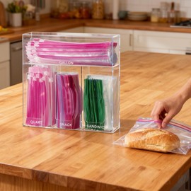 SEANADO Acrylic Zip Bag Storage Organizer, Bamboo Baggie Organizer Dispenser for Kitchen Drawer and Wall Mount，Compatible with Gallon, Quart, Sandwich & Snack Variety Size Bag(Clear)