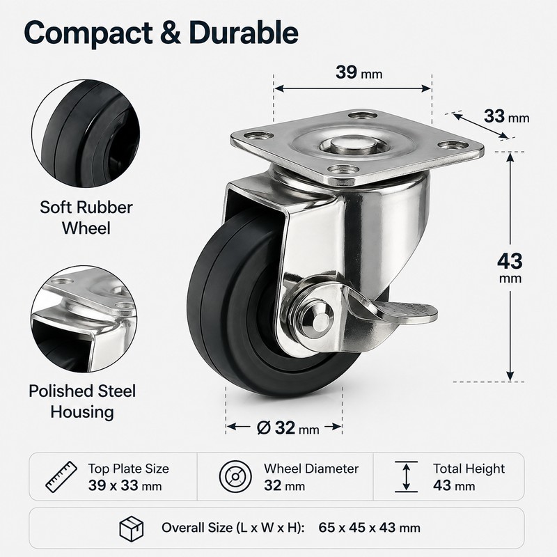 Swivel Chair Caster with Brake for Mobile Furniture - Durable