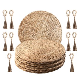 ECOMAID Boho Woven Placemats Set of 10 with Wooden Napkin Rings, Round Charger Plates, Natural Rattan Dinner Place Mats for Dining Table Decor - 13 inch