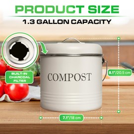 Plexon Countertop Compost Bin Kitchen, Kitchen Compost Bin 1.3 Gallon, Metal Compost Bucket with Lid, Beige