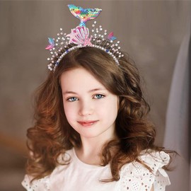 Campsis Pearl Mermaid Tail Headband Pink Sequins Mermaid Headpiece Starfish Ctystals Girls Hair Accessories Bithday Party Beach Rave Hair Accessories