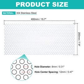 PATIKIL 15.7" x 7.9" 304 Stainless Steel Perforated Sheet, 0.31" Hole 19GA Expanded Metal Mesh Plate Screen Decorative Meshes for Ventilation Grill Smoking