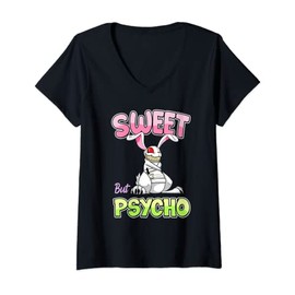 Women's Sweet But Psycho Shirt Bunny Scary Gothic Rabbit Funny T-Shirt with V-Neck, black, s