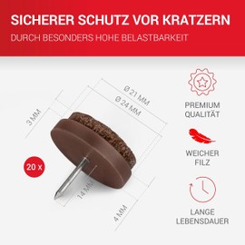 LouMaxx Chair Felt Gliders with Round Nails, Diameter 24 mm, Dark Brown, Chair Gliders with 3 mm Thick Felt, Felt Gliders for Chairs, Premium Chair Leg Protectors, Felt Also for Furniture, Pack of 20