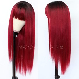 Maycaur Red Color Synthetic Hair Wigs with Full Bangs Black Red Ombre Color Long Straight Women's Wig Heat Resistant Synthetic No Lace Wigs for Fashion Women