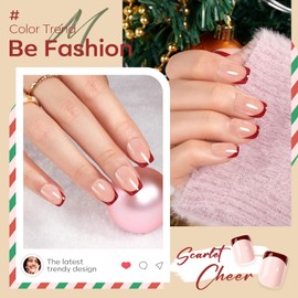 Modelones Press on Nails, Red Chrome French Short Square Fake Nails, Reusable Nail Kit with Nail Glue Adhesive Tabs Mini Nail File, Nails Press Ons 32Pcs16 Sizes