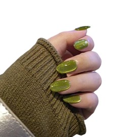 Cat Eye Press on Nails Handmade Short Oval/Square/Round False Nails with French Tip/Aurora/Magnetic Shimmer Designs (Side#Lettuce, Small)
