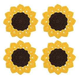 WAIT FLY Handmade Crochet Coasters Cute Drink Coaster Set for Coffee Table Tabletop Protection Home Decor-Sunflower-4 PCS
