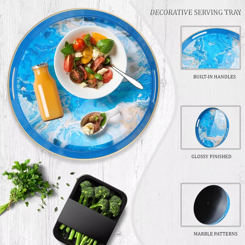 Spsyrine Round Marble Decorative Tray, 13" Plastic Serving Tray with