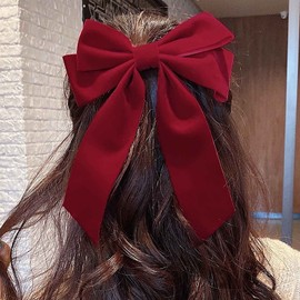 Erimberate Bohemian Velvet Bow Hair Clips Red Ribbon Bows Hair Clip Barrette Long Satin Tie Hair Barrettes Large Red Velvet Bows Hair Clip Bow Winter Decorative Hair Accessories for Women