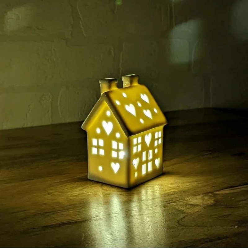 Fyne-Finds Warm LED House White Gloss Ceramic Hut Set Pair